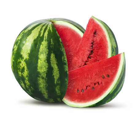 Watermelon and slices isolated on white background as package design elementの写真素材