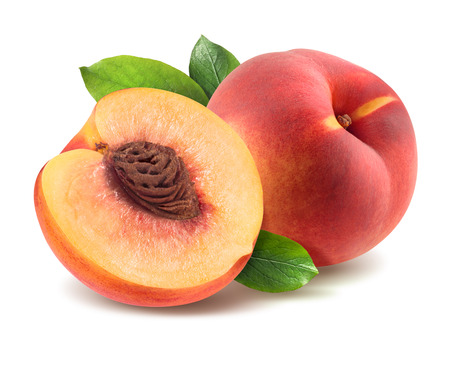 Peach with leaves and half piece isolated on white background as package design elementの写真素材