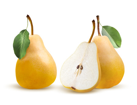 Pears bartlett whole and split isolated on white backgroundの写真素材
