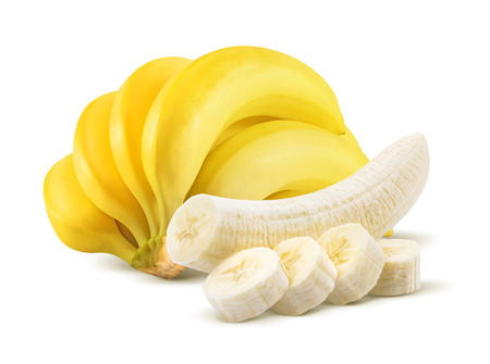 Banana bunch and peeled pieces isolated on white background as package design elementの写真素材