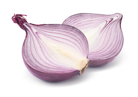 Purple onion half cuts isolated on white background as package design elementの写真素材