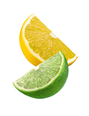 Lime and lemon slices isolated on white background as package design elementの写真素材