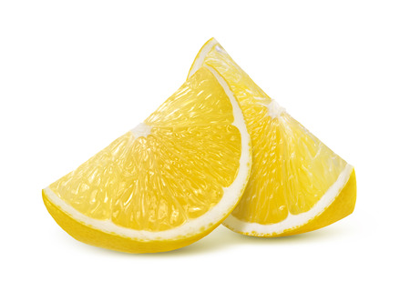 Two fresh lemon quarter slices isolated on white background as package design elementの写真素材