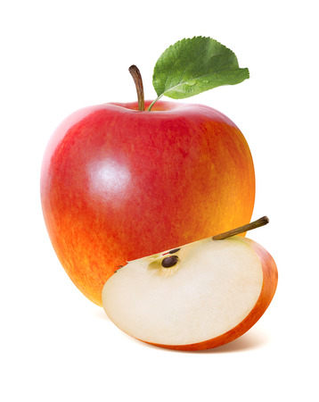 Single red apple and quarter slice isolated on white background as package design elementの写真素材