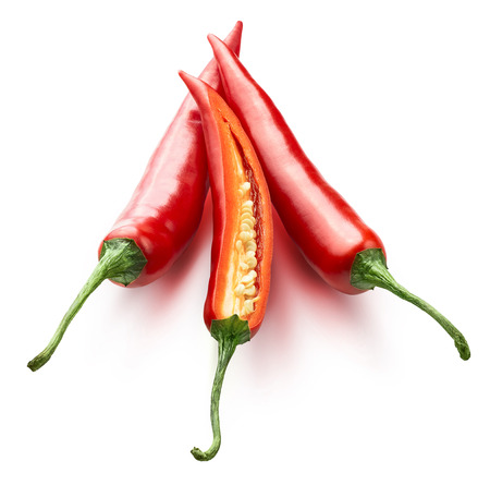 Red hot chili peppers one split isolated on white background as package design elementの写真素材
