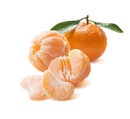 Mandarin tangerine with leaves and peeled slices isolated on white background as package design elementの写真素材