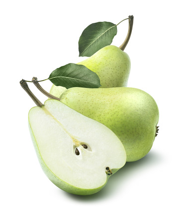 Green group pears leaves composition isolated on white background as package design elementの写真素材