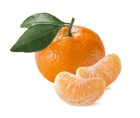Single orange mandarin tangerine with leaves and slices isolated on white background as package design elementの写真素材