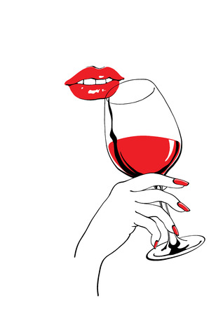 Calm red lips and glass of wine  holding hand vector illustration for party poster designのイラスト素材