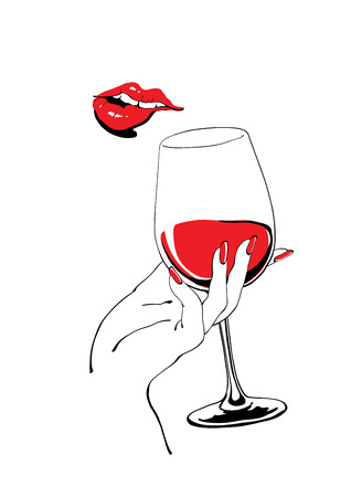 Playful red lips and glass of wine holding hand vector illustration for party poster designのイラスト素材