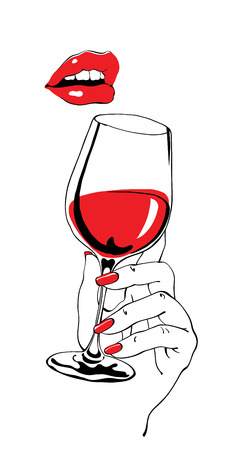 Talking red lips and glass of wine holding hand as retro party poster design elementのイラスト素材