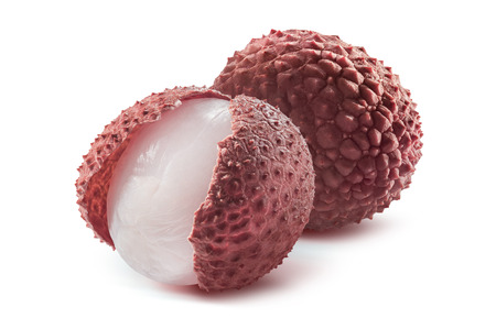 Two lychee isolated on white background as package design element for healthy foodの写真素材