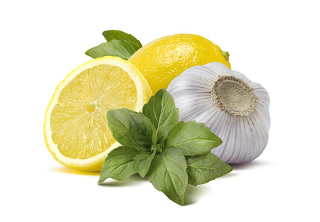 Lemon garlic basil pesto cooking ingredients 2 isolated on white background as package and poster design elementsの写真素材