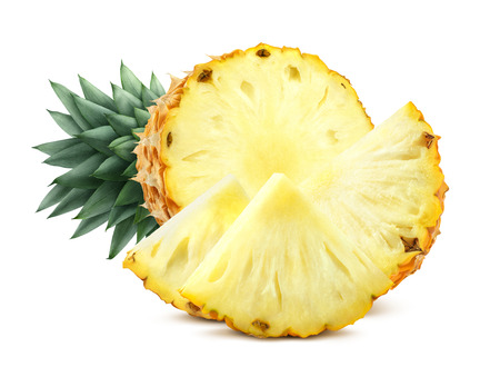 Cut pineapple and pieces isolated on white background as package design elementの写真素材