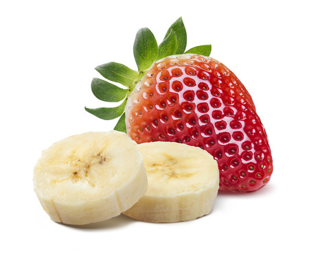 Single strawberry and banana pieces isolated on white background as package design elementの写真素材