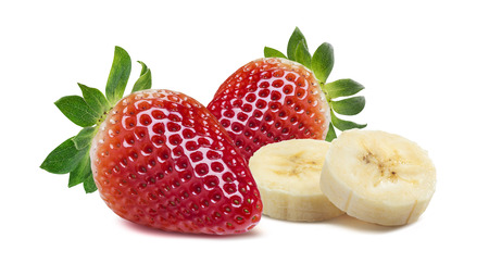 Double strawberry and banana pieces composition isolated on white background as package design elementの写真素材