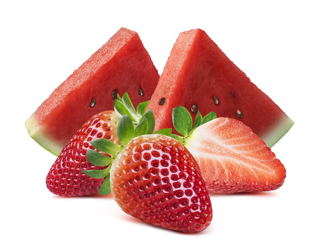 Watermelon slices and strawberry isolated on white background as package design elementの写真素材