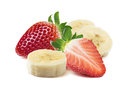 Whole and half strawberry, banana pieces square composition isolated on white as package design element