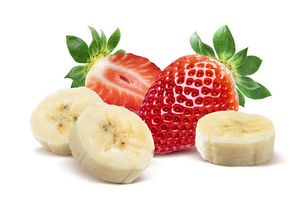 Whole strawberry, half and banana pieces 3 isolated on white background as package design elementの写真素材
