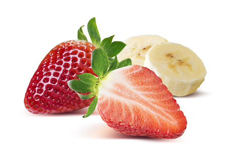 Strawberry whole and half, banana pieces isolated on white background as package design elementの写真素材