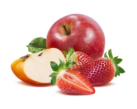 Strawberry and red apples composition isolated on white background as package design elementの写真素材