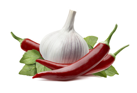 Garlic bulb, chili pepper isolated on white background as package design elementの写真素材