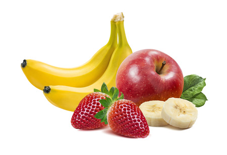 Banana, apples and strawberry horizontal composition isolated on white background as package design elementの写真素材