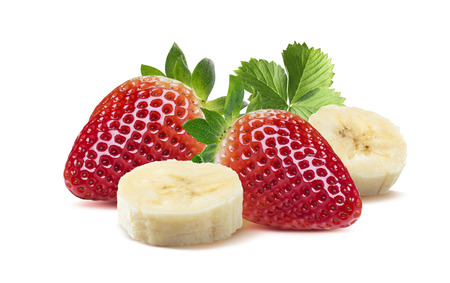 Whole strawberries and banana pieces 6 isolated on white as package design elementの写真素材