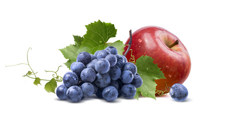 Wet grapes and red apple isolated on white background as package design elementの写真素材
