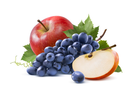Red apple, quarter piece and blue grapes isolated on white background as package design elementの写真素材