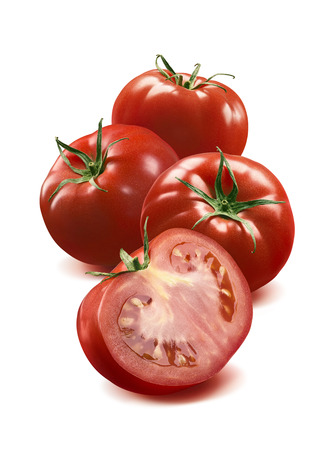 3 whole tomato and half isolated on white background as package design elementの写真素材