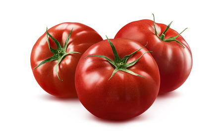 3 tomato horizontal composition isolated on white background as package design elementの写真素材