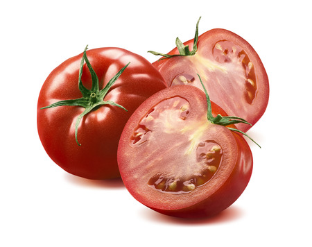 Whole tomato and two halves isolated on white background as package design elementの写真素材