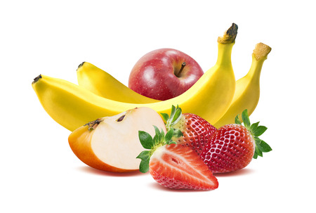Banana, apples and strawberry 3 horizontal composition isolated on white background as package design elementの写真素材