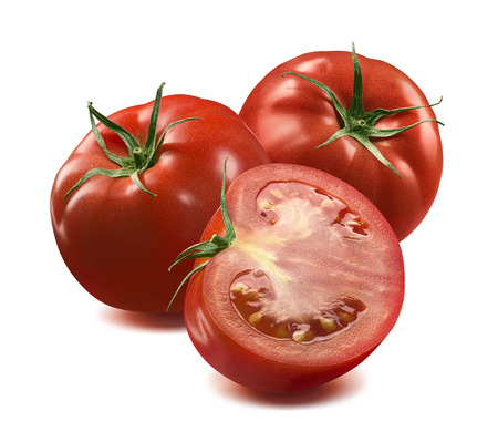 Two tomatoes and half isolated on white background as package design elementの写真素材