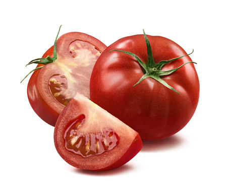 Whole tomato, half and quarter piece isolated on white background as package design elementの写真素材