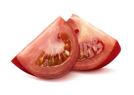 2 quarter tomato pieces isolated on white background as package design elementの写真素材