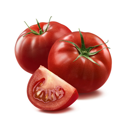 2 tomatoes and quarter piece isolated on white background as package design elementの写真素材