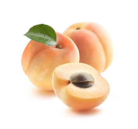 Two whole apricots and half with seed isolated on white background as package design elementの写真素材