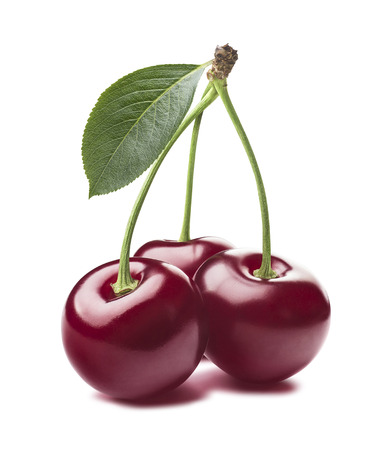 3 shiny red wild cherries isolated composition on white background as package design elementの写真素材