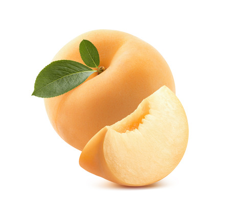 Round apricot and quarter isolated on white background as package design elementの写真素材