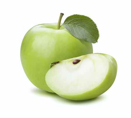 Green apple quarter composition isolated on white background as package design elementの写真素材