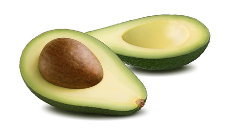 Horizontal avocado cut halves isolated on white background as package design elementの写真素材