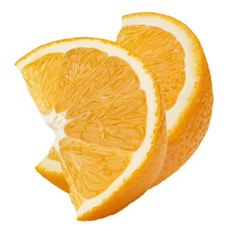 2 orange quarter slices vertical composition isolated on white background as package design elementの写真素材