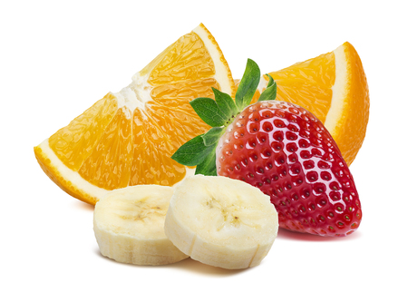 Orange strawberry banana pieces composition 2 isolated on white background as package design elementの写真素材