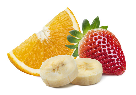 Orange strawberry banana pieces group 3 isolated on white background as package design elementの写真素材