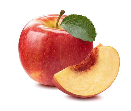Red apple peach slice piece isolated on white background as package design elementの写真素材