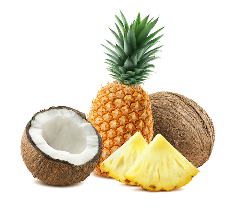 Pineapple whole coconut pieces composition 3 isolated on white background as package design element for tropical cocktailsの写真素材