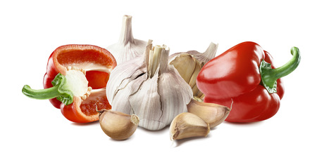 Red sweet pepper garlic isolated on white background as package design elementの写真素材