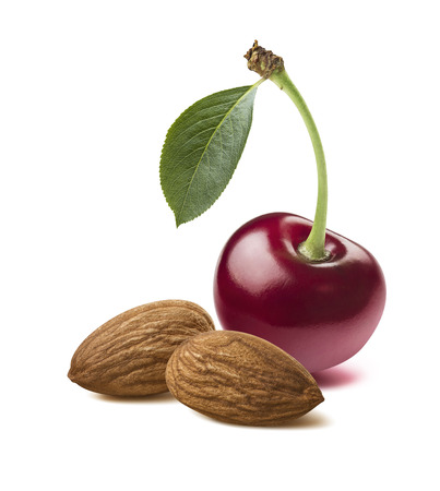 Single red cherry double almonds isolated 2 on white background as package design elementの写真素材